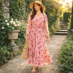 Arula Altar'd State Pink Floral Cottagecore Maxi Dress X Romantic Prairie Dress